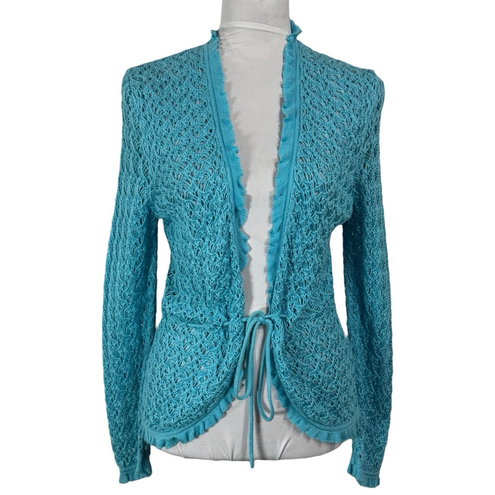 NEW Y2K Sigrid Olsen Open Knit Crochet Tie Front Cardigan M Blue Boho Sweater